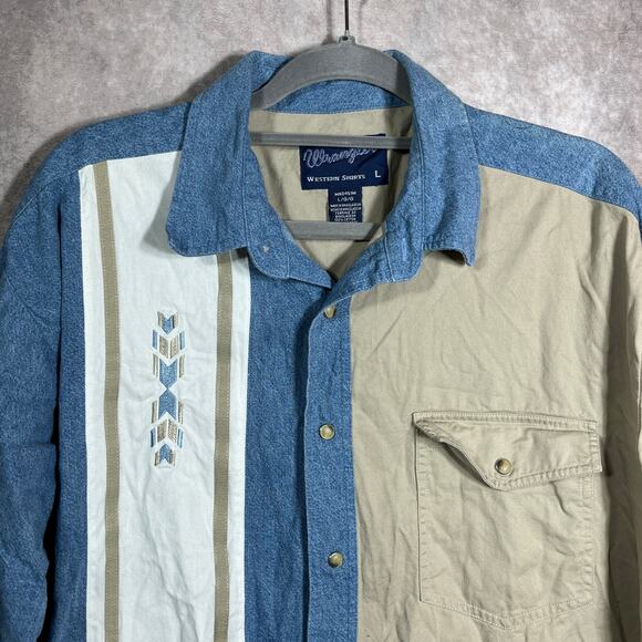 Wangler Western Shirt Mens‎ Large Beige Blue Denim Aztec Button Up Cowboy Rodeo - Picture 2 of 10